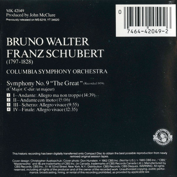 Franz Schubert, Bruno Walter, Columbia Symphony Orchestra : Symphony No. 9 "The Great" (C Major/C-dur/Ut Majeur) (CD, Album, RE)