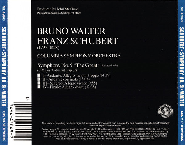 Franz Schubert, Bruno Walter, Columbia Symphony Orchestra : Symphony No. 9 "The Great" (C Major/C-dur/Ut Majeur) (CD, Album, RE)