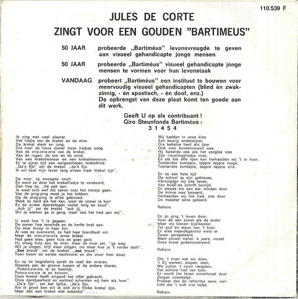 Jules de Corte : Zingt Voor Een Gouden "Bartimeus" (7", Single, Mono)