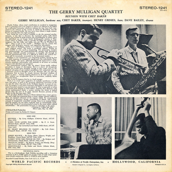 Gerry Mulligan Quartet : Reunion With Chet Baker (LP, Album)