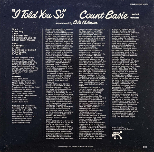 Count Basie Orchestra : I Told You So (LP)