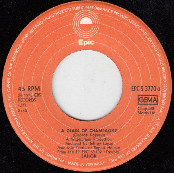 Sailor : A Glass Of Champagne (7", Single, RP)
