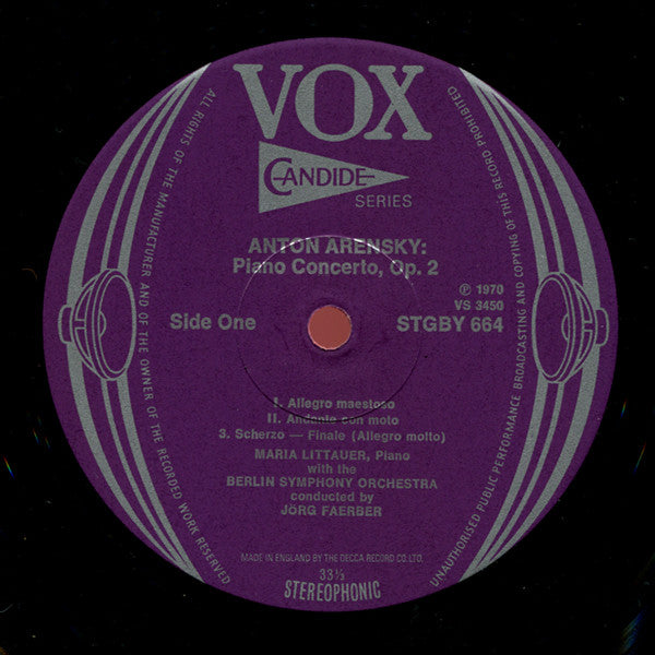 Anton Stepanovich Arensky : Piano Concerto, Op.2 / Piano Trio, Op.32 (LP)