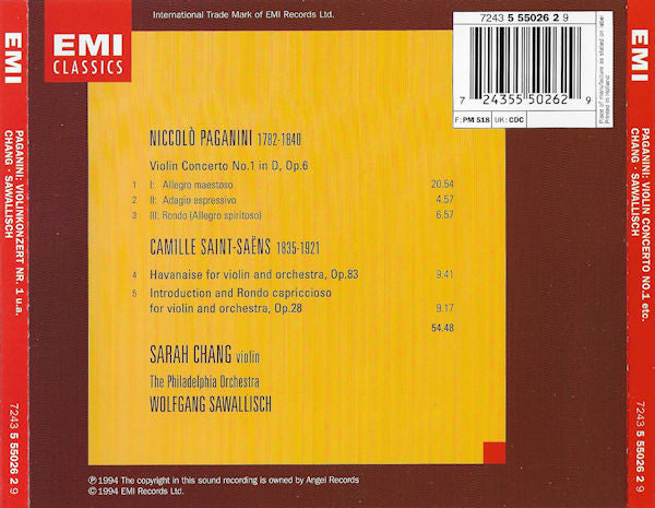 Paganini* / Saint-Saëns* - Sarah Chang, Wolfgang Sawallisch, The Philadelphia Orchestra : Violin Concerto No. 1 / Havanaise / Introduction And Rondo Capriccioso (CD, Album)