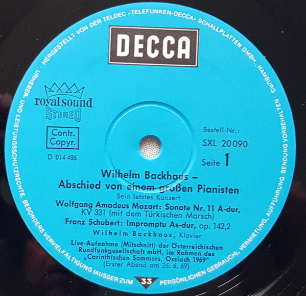 Wilhelm Backhaus : Abschied Von Einem Grossen Pianisten · Sein Letztes Konzert (LP)