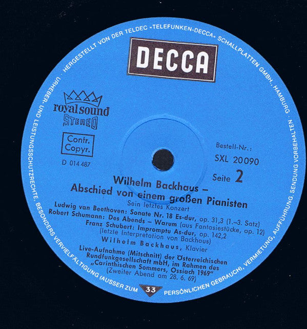Wilhelm Backhaus : Abschied Von Einem Grossen Pianisten · Sein Letztes Konzert (LP)