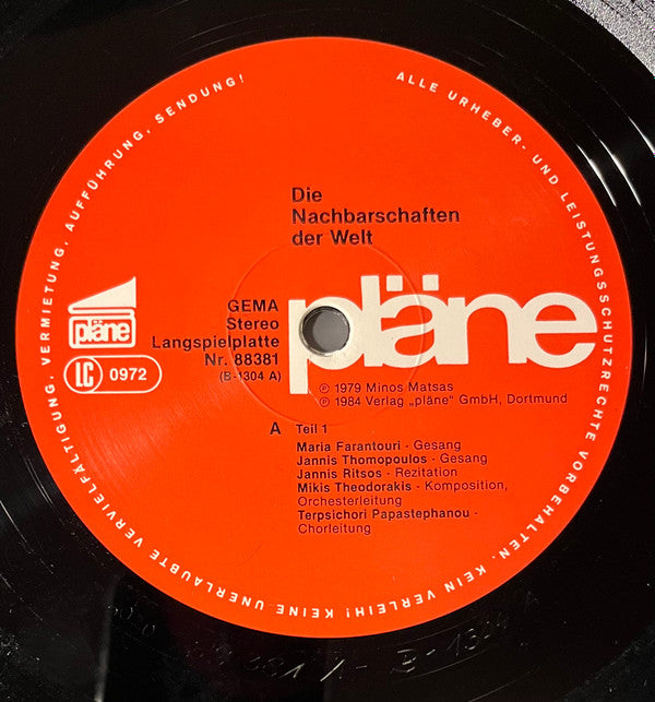 Mikis Theodorakis, Γιάννης Ρίτσος, Maria Farandouri : Die Nachbarschaften Der Welt (LP, Album)