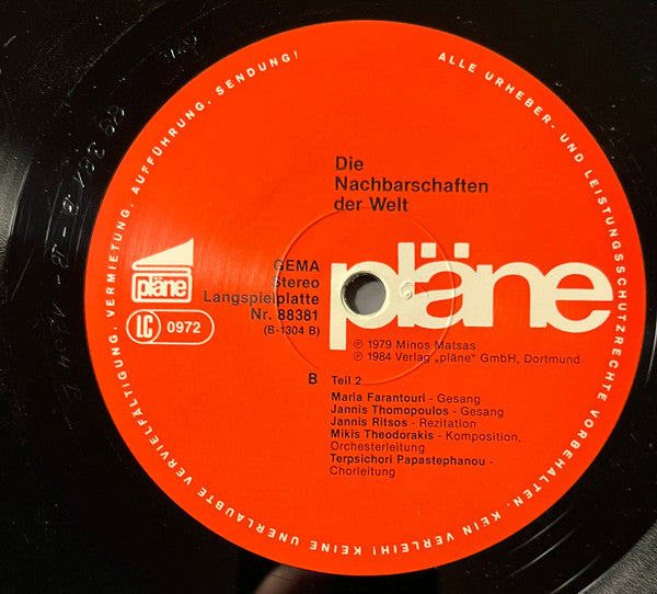 Mikis Theodorakis, Γιάννης Ρίτσος, Maria Farandouri : Die Nachbarschaften Der Welt (LP, Album)