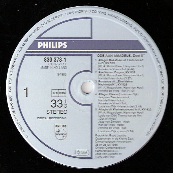 Jaap van Zweden, Han de Vries, Anneke de Vries : Ode Aan Amadeus Deel 2 (LP, Album)