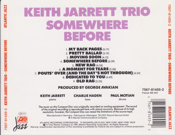 Keith Jarrett Trio : Somewhere Before (CD, Album, RE)