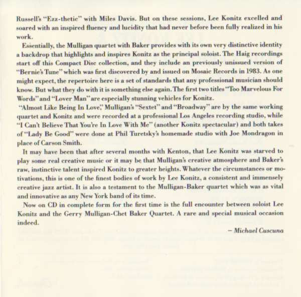 Lee Konitz & Gerry Mulligan Quartet : Konitz Meets Mulligan (CD, Album, RE)