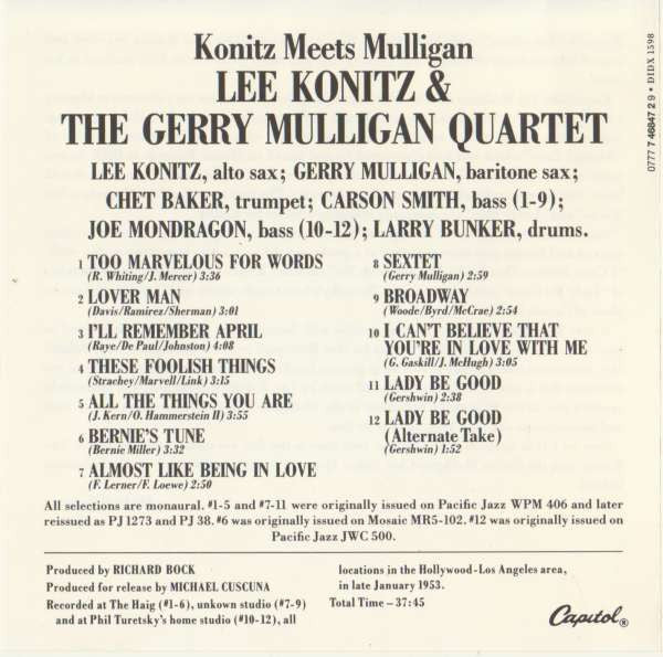 Lee Konitz & Gerry Mulligan Quartet : Konitz Meets Mulligan (CD, Album, RE)