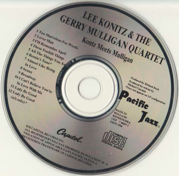 Lee Konitz & Gerry Mulligan Quartet : Konitz Meets Mulligan (CD, Album, RE)
