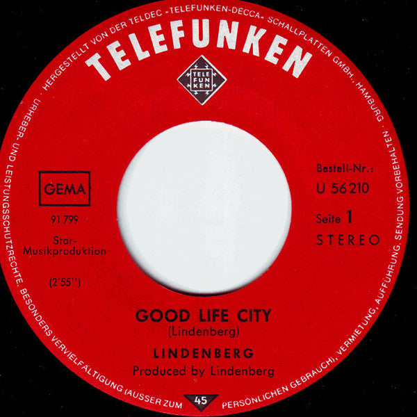 Udo Lindenberg : Good Life City (7", Single)