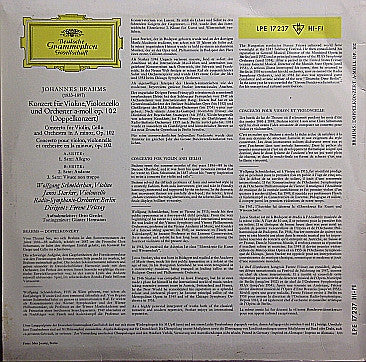 Johannes Brahms, Wolfgang Schneiderhan, Janos Starker, Radio-Symphonie-Orchester Berlin, Ferenc Fricsay : Doppelkonzert a-moll op. 102 (10", Album, Mono)