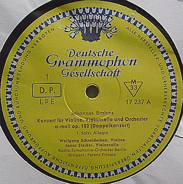 Johannes Brahms, Wolfgang Schneiderhan, Janos Starker, Radio-Symphonie-Orchester Berlin, Ferenc Fricsay : Doppelkonzert a-moll op. 102 (10", Album, Mono)