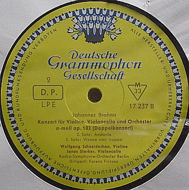 Johannes Brahms, Wolfgang Schneiderhan, Janos Starker, Radio-Symphonie-Orchester Berlin, Ferenc Fricsay : Doppelkonzert a-moll op. 102 (10", Album, Mono)