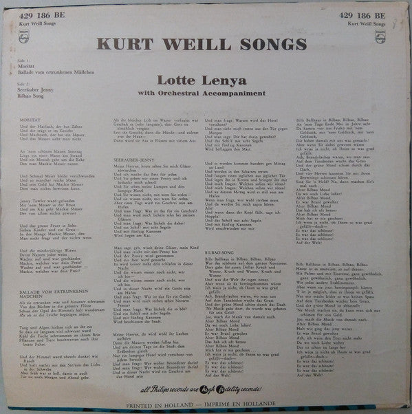Lotte Lenya : Kurt Weill Songs (7", EP)
