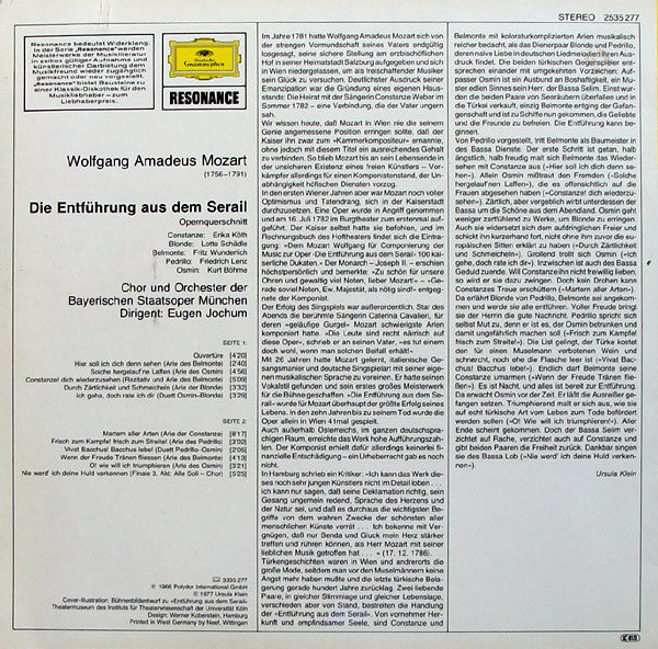 Wolfgang Amadeus Mozart / Erika Köth, Lotte Schädle, Fritz Wunderlich, Friedrich Lenz, Kurt Böhme Dirigent: Eugen Jochum : Die Entführung Aus Dem Serail (LP)