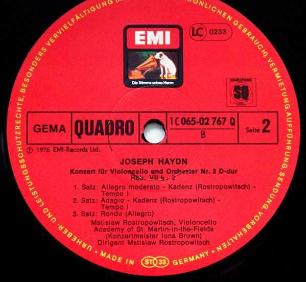 Joseph Haydn - Mstislav Rostropovich ∙ The Academy Of St. Martin-in-the-Fields ∙ Iona Brown : Cellokonzerte D-dur Und C-dur (LP, Quad, RE)