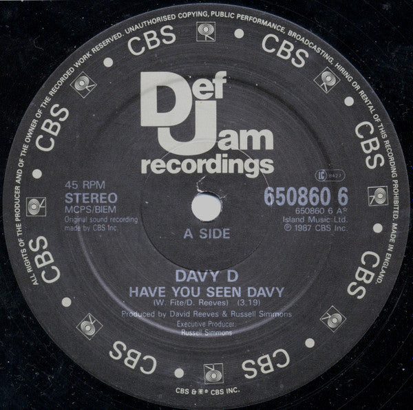 Davy D : Have You Seen Davy / Keep Your Distance / Get Busy (We Ain't New To This) (12")