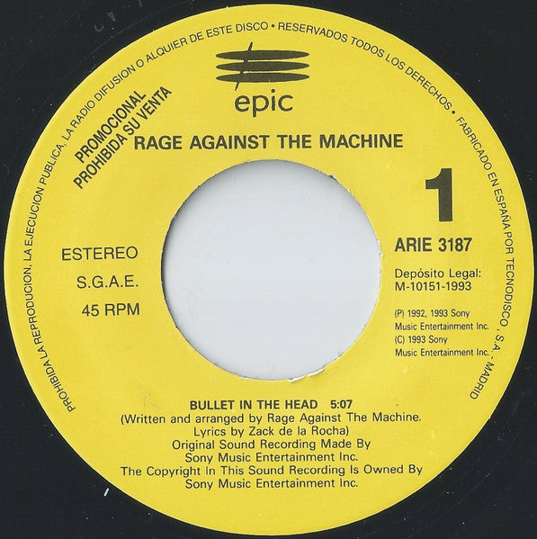 Rage Against The Machine : Bullet In The Head (7", S/Sided, Single, Promo)