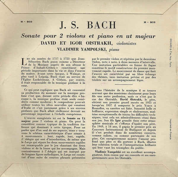 David Oistrach & Igor Oistrach - Johann Sebastian Bach avec Vladimir Yampolsky : Sonate Pour 2 Violons (7")