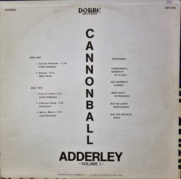Cannonball Adderley : Cannonball - Volume One (LP, Album)