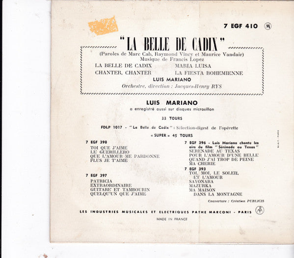 Luis Mariano : La Belle De Cadix (7", EP)