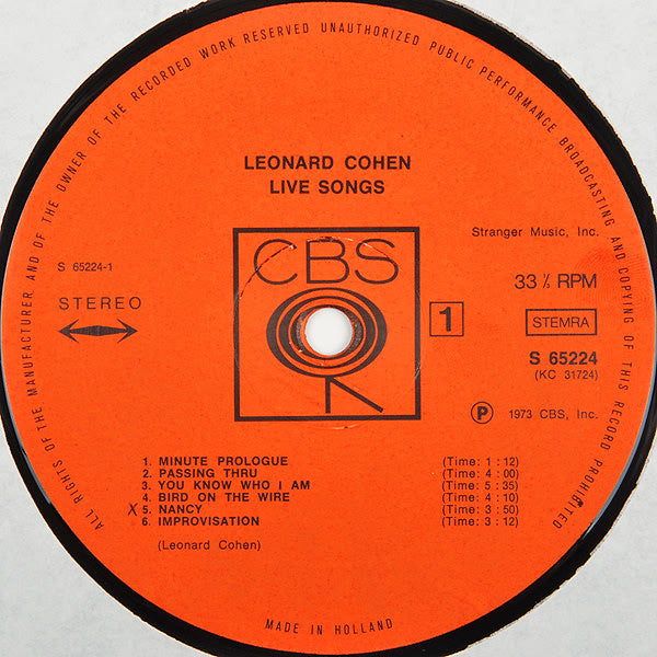 Leonard Cohen : Live Songs (LP, Album)