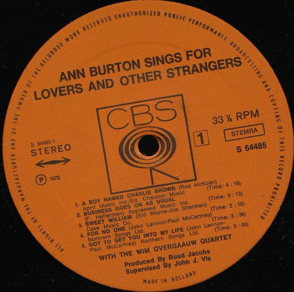 Ann Burton : Ann Burton Sings For Lovers And Other Strangers (LP, Album)