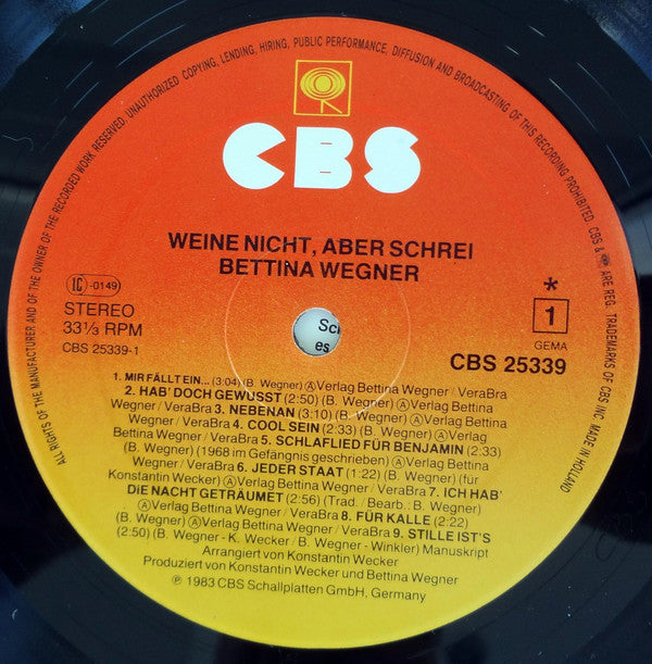 Bettina Wegner : Weine Nicht, Aber Schrei (LP, Album)