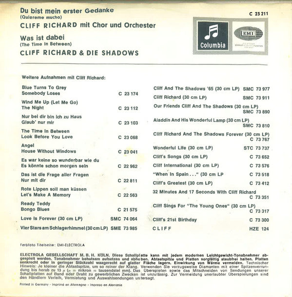 Cliff Richard & The Shadows : Du Bist Mein Erster Gedanke (Quiereme Mucho) / Was Ist Dabei (The Time In Between) (7", Single)