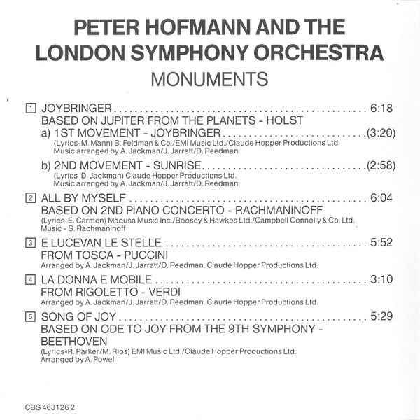 Peter Hofmann & London Symphony Orchestra : Monuments (CD, Album)
