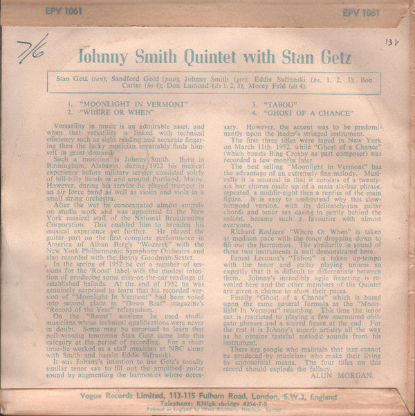 Johnny Smith Quintet With Stan Getz : Moonlight In Vermont (7", EP)
