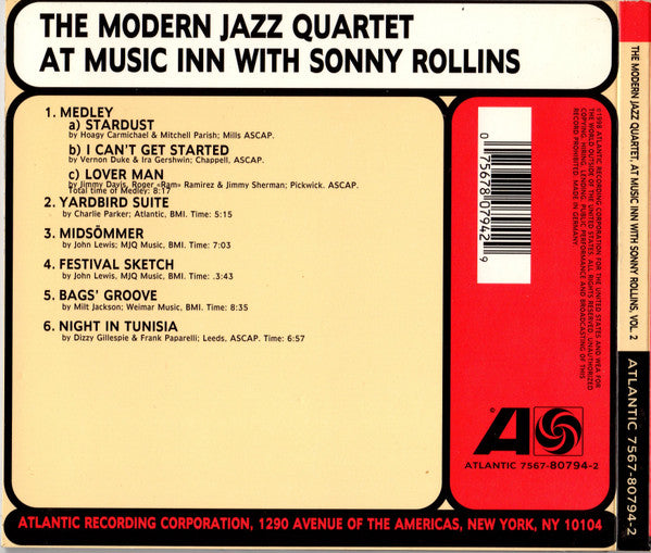The Modern Jazz Quartet Guest Artist: Sonny Rollins : The Modern Jazz Quartet At Music Inn, Vol. 2 (CD, Album, RE, RM, Dig)