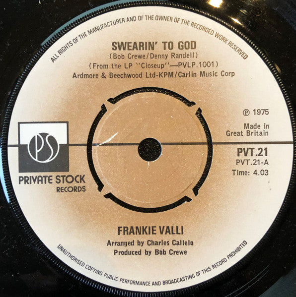 Frankie Valli : Swearin' To God (7", Single, 4 P)