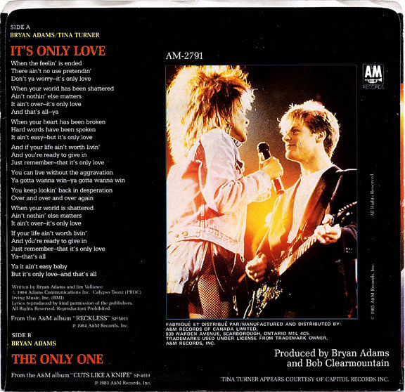 Bryan Adams / Tina Turner : It's Only Love (7", Single)