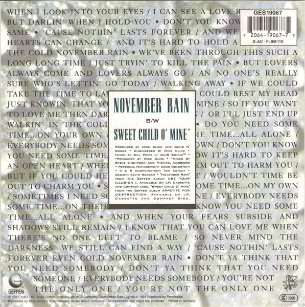 Guns N' Roses : November Rain (7", Single)