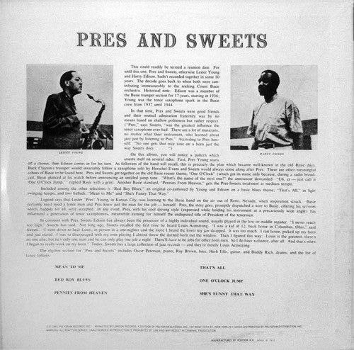 Lester Young & Harry Edison : Pres & Sweets (LP, Album, Mono, RE)