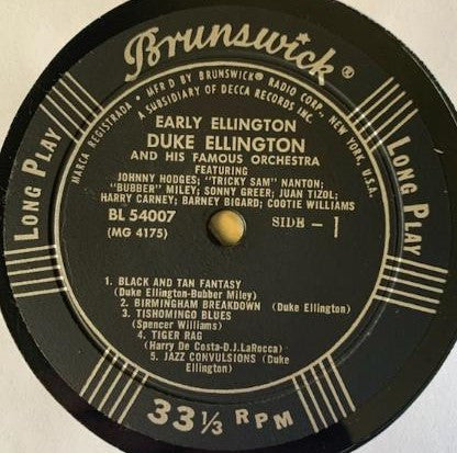 Duke Ellington And His Orchestra Featuring Johnny Hodges, Tricky Sam Nanton, Bubber Miley, Sonny Greer, Juan Tizol, Harry Carney, Barney Bigard, Cootie Williams : Early Ellington (LP, Comp, Mono)