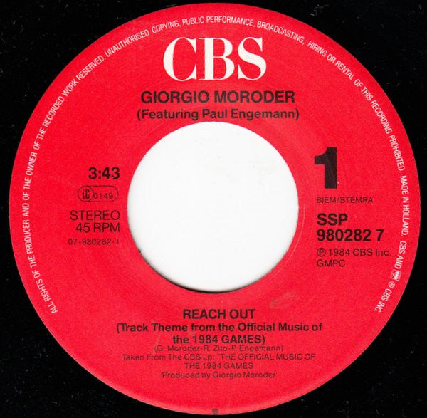 Giorgio Moroder Featuring Paul Engemann : Reach Out (7", Single)