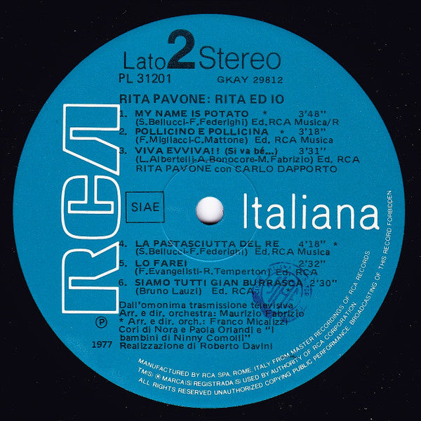 Rita Pavone : Rita Ed Io (LP, Album)