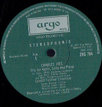 Charles Ives / Aaron Copland, Cardiff Festival Ensemble : Trio For Violin, Cello And Piano / Quartet For Piano And Strings (LP)
