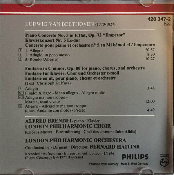 Ludwig Van Beethoven, Alfred Brendel, London Philharmonic Orchestra And London Philharmonic Choir, Bernard Haitink : "Emperor" Concerto Klavierkonzert Nr. 5 / "Choral" Fantasy = Chorfantasie Op. 80  (CD, Comp, RM)