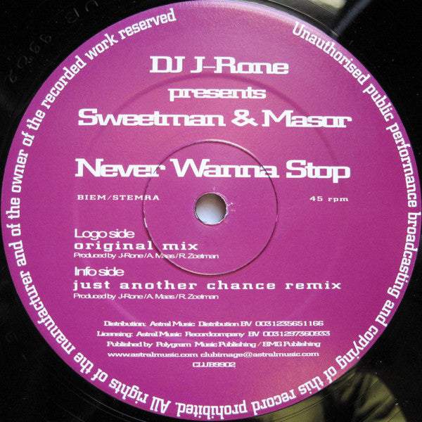 DJ J-Rone presents Sweetman & Masor : Never Wanna Stop (12")