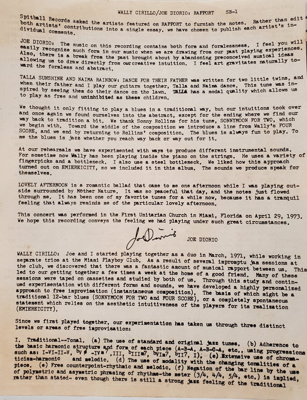 Wally Cirillo / Joe Diorio : Rapport (LP, Album)