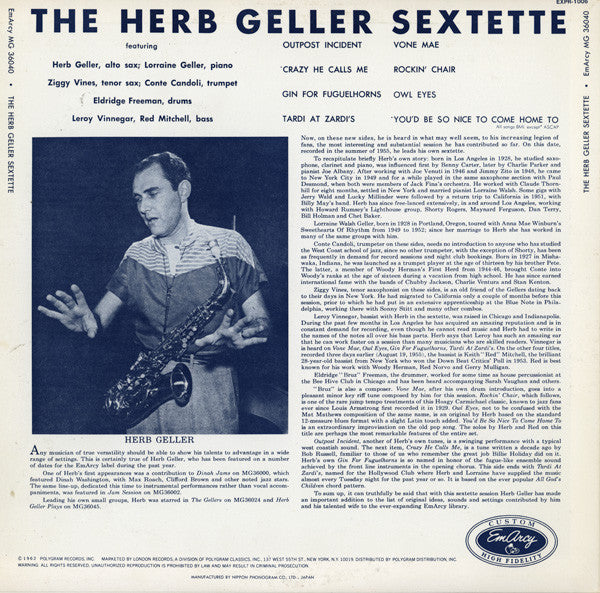 Herb Geller Sextette : The Herb Geller Sextette (LP, Album, Mono, RE)