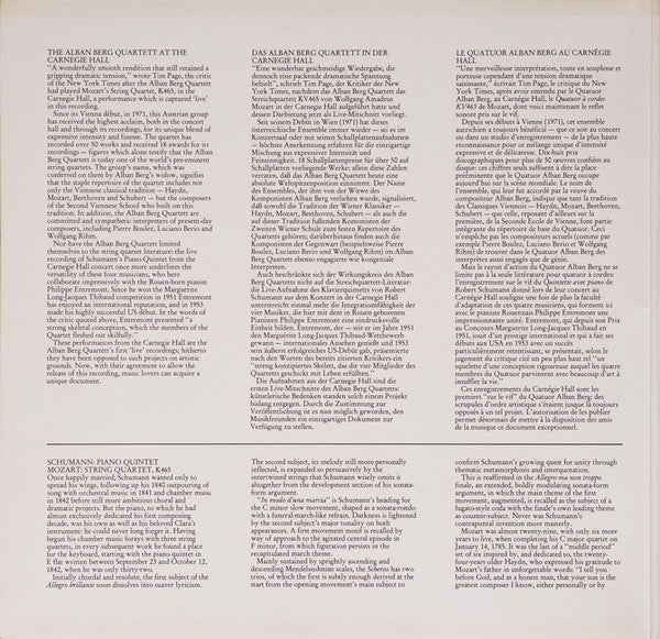 Robert Schumann / Wolfgang Amadeus Mozart, Philippe Entremont, Alban Berg Quartett : Live Recording From Carnegie Hall: Klavierquintett = Piano Quintet Op. 44 / Streichquartett = String Quartet KV 465 'Dissonanzen' = 'Dissonance' (LP, Album)