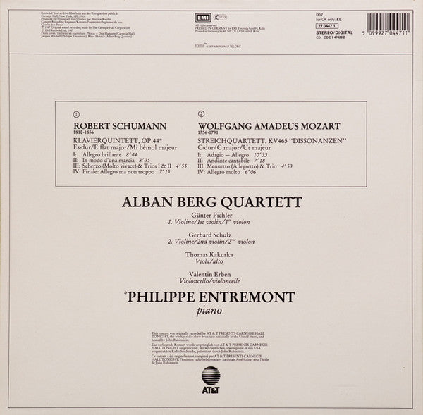 Robert Schumann / Wolfgang Amadeus Mozart, Philippe Entremont, Alban Berg Quartett : Live Recording From Carnegie Hall: Klavierquintett = Piano Quintet Op. 44 / Streichquartett = String Quartet KV 465 'Dissonanzen' = 'Dissonance' (LP, Album)